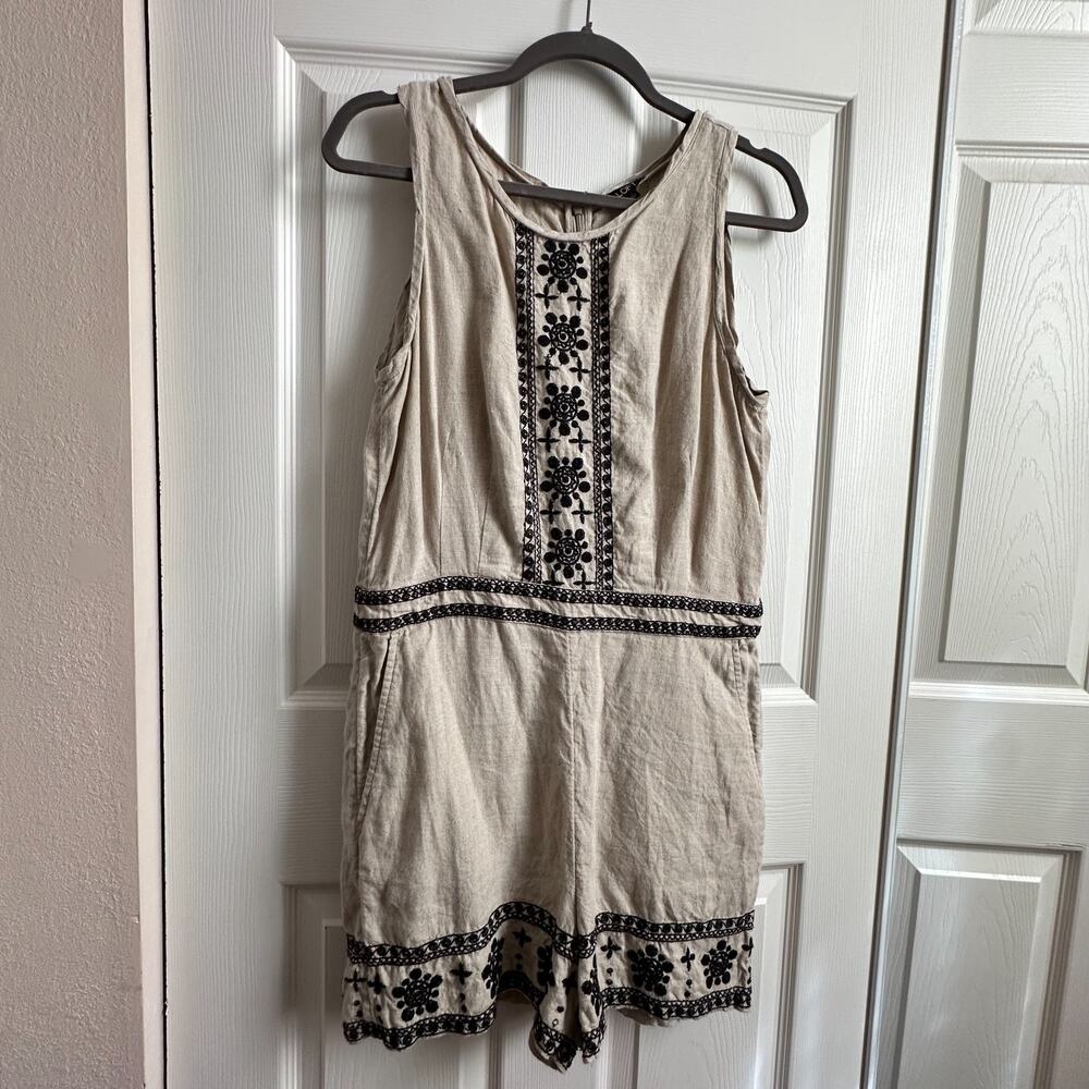 LOFT Beige Linen Black Floral Embroidered Romper Playsuit Sleeveless Womens 8